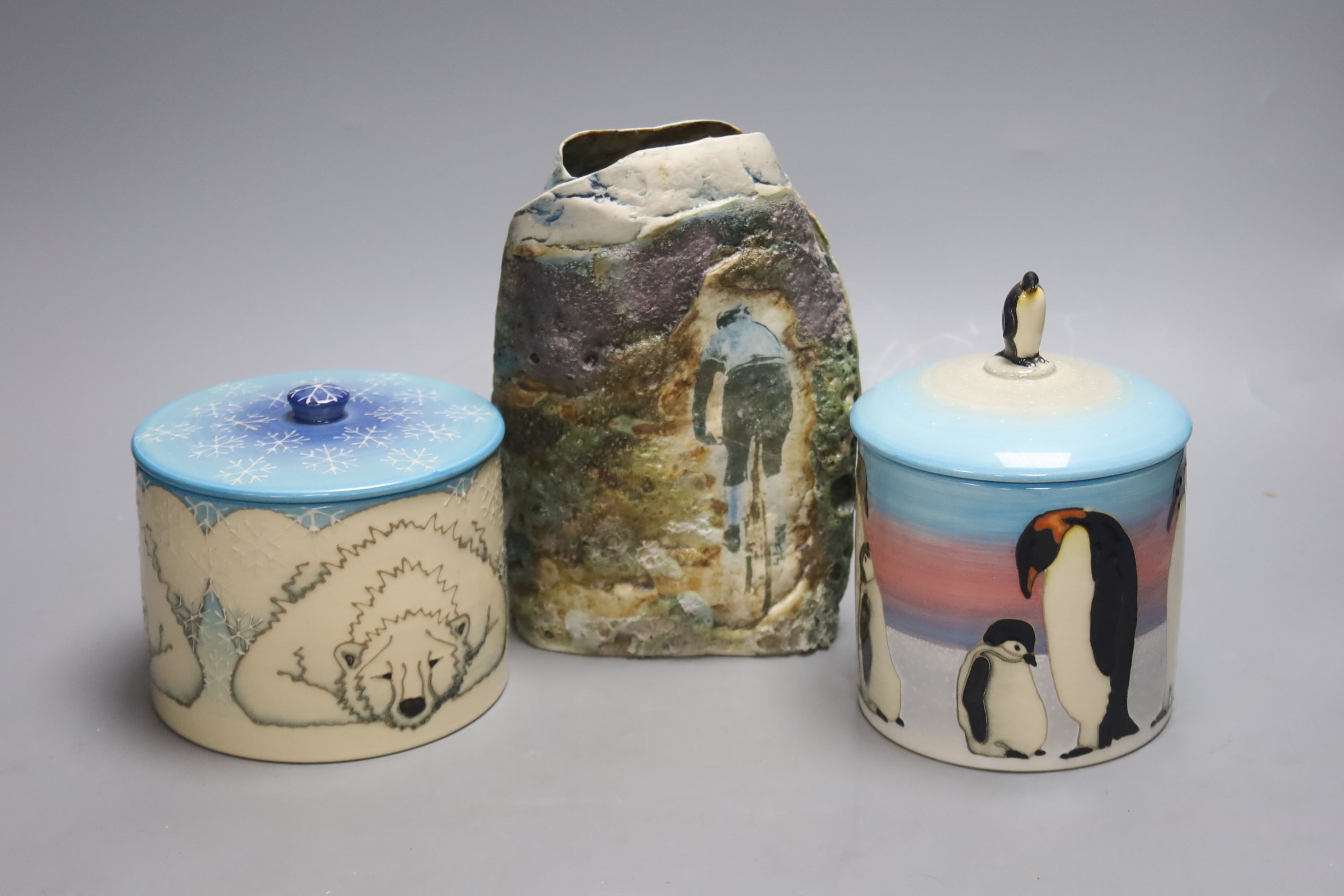 Two Sally Tuffin jars and covers for Dennis China Works, a Kath Bonson pottery vase of a cyclist